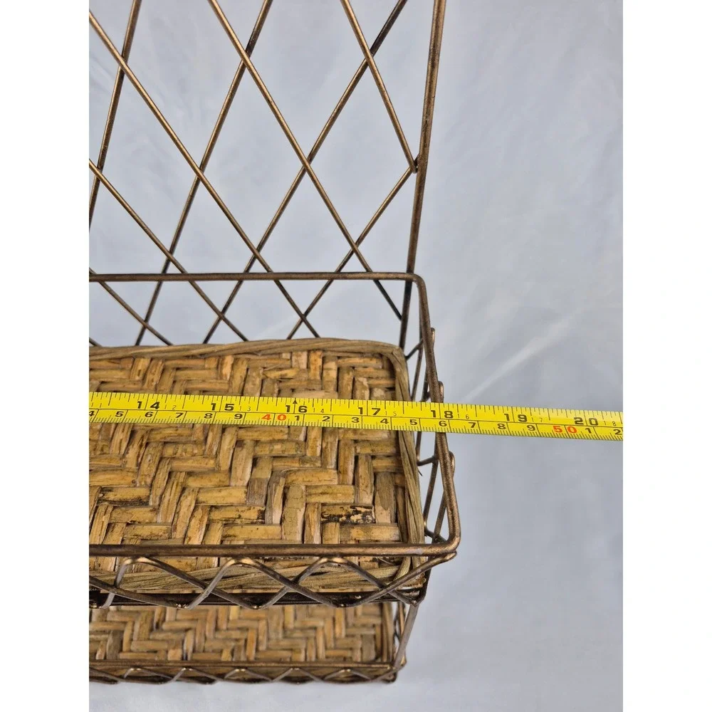 Vintage Bronze Metal 2 Tier Wall Shelf Wicker Rattan Boho Bathroom Display Rack